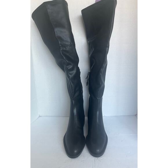 NWT Zara Tall Over The Knee Black Vegan Leather Square Toe Pull On Boots Sz 9 - Picture 4 of 15